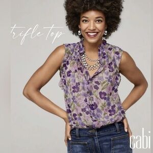 Cabi floral sleeveless blouse in shades of purples - size medium - sheer ruffles